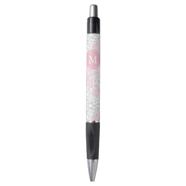 Monogrammed Pink and Gray Floral Damask Pen (Front Vertical)
