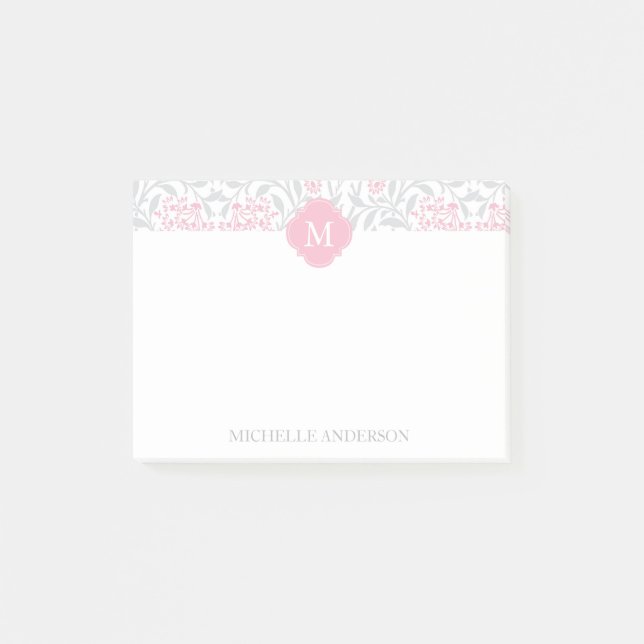 Monogrammed Pink and Gray Floral Damask Post-it Notes (Front)