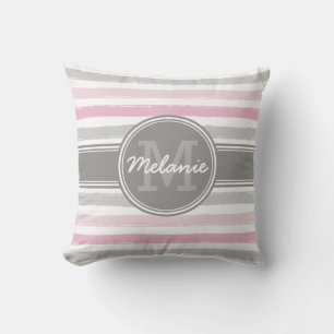 Monogrammed Pink and Gray Paint Stripes Pattern Throw Pillow