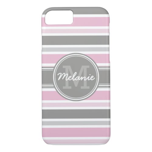 Monogrammed Pink and Gray Stripe Pattern iPhone 87 Case