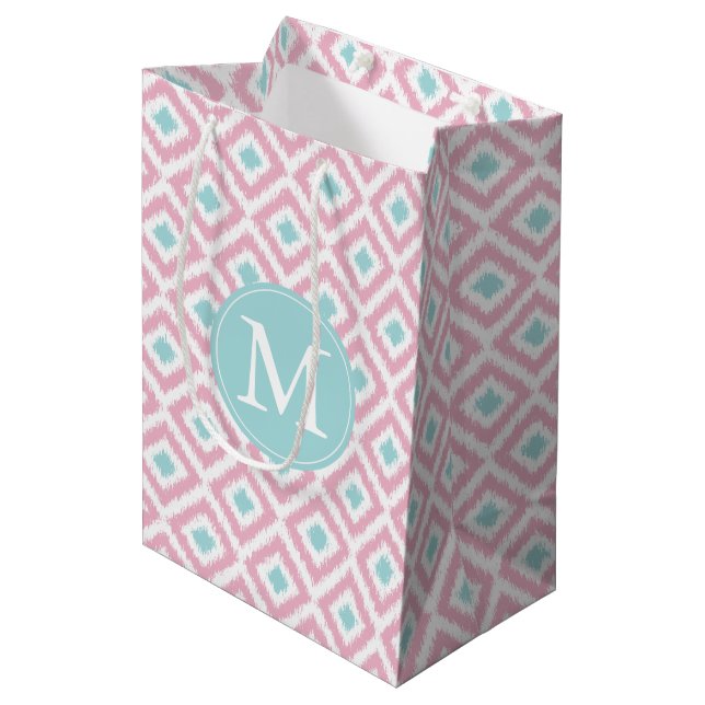 Monogrammed Pink and Mint Diamonds Ikat Pattern Medium Gift Bag (Front Angled)