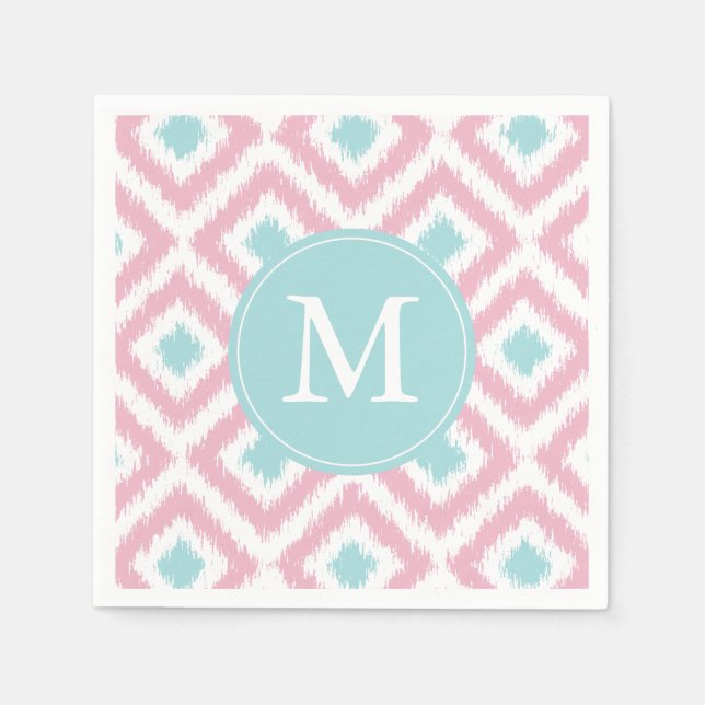 Monogrammed Pink and Mint Ikat Diamonds Pattern Paper Napkins (Front)