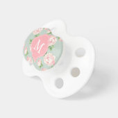 Monogrammed Pink and Mint Vintage Roses Pattern Pacifier (Front Right)