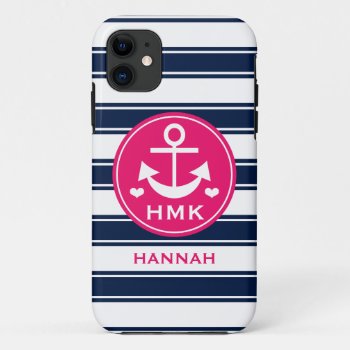 Monogrammed Pink And Navy Anchor Iphone 11 Case by cutecases at Zazzle