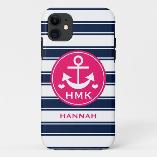MONOGRAMMED PINK AND NAVY ANCHOR iPhone 11 CASE