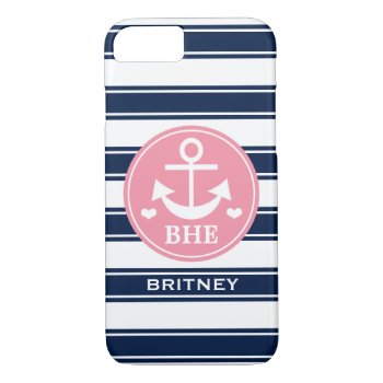 Monogrammed Pink And Navy Anchor Iphone 8/7 Case by cutecases at Zazzle