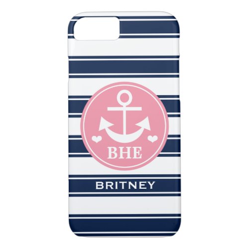 Monogrammed Pink and Navy Anchor iPhone 87 Case