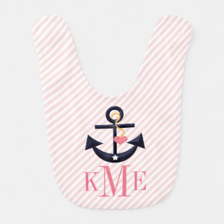 MONOGRAMMED PINK AND NAVY ANCHOR HEART BABY BIB