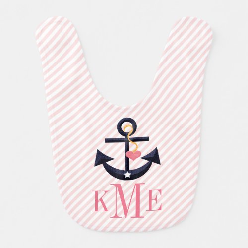 MONOGRAMMED PINK AND NAVY ANCHOR HEART BABY BIB