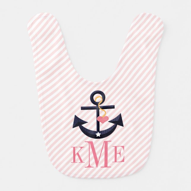 MONOGRAMMED PINK AND NAVY ANCHOR HEART BABY BIB (Front)