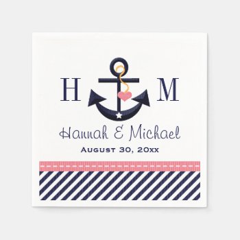 Monogrammed Pink And Navy Anchor Nautical Wedding Paper Napkins by OccasionInvitations at Zazzle