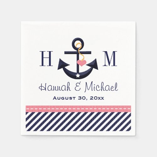 Monogrammed Pink and Navy Anchor Nautical Wedding Paper Napkins