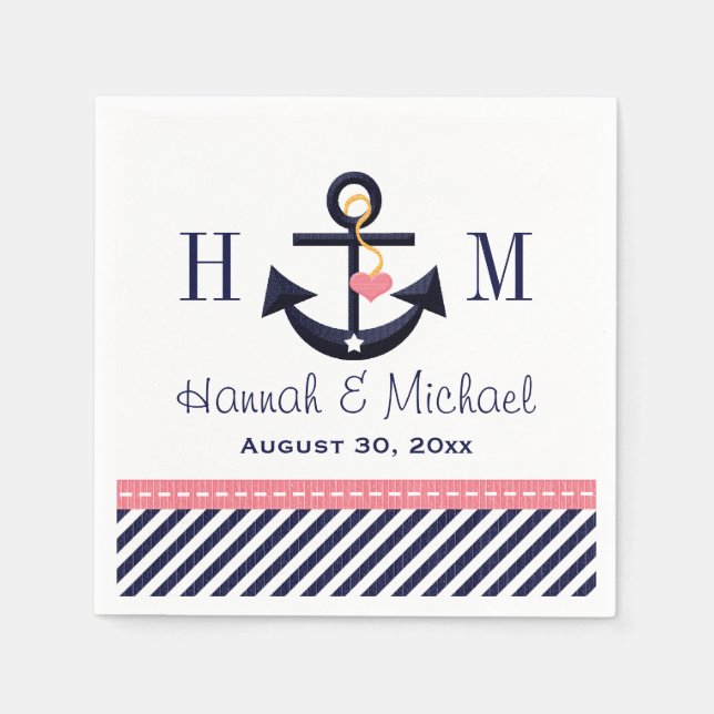 Monogrammed Pink and Navy Anchor Nautical Wedding Paper Napkins (Front)