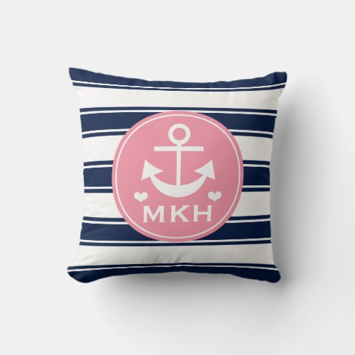Monogrammed Pink and Navy Blue Anchor Throw Pillow