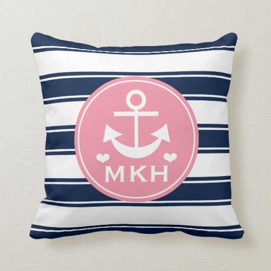 Monogrammed Pink And Navy Blue Anchor Throw Pillow Zazzle Com