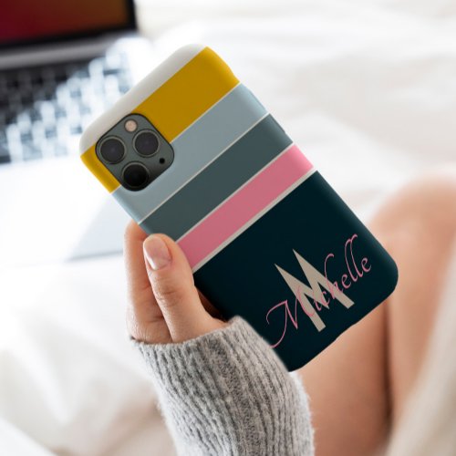 Monogrammed pink and navy blue Vintage Stripes iPhone 13 Pro Max Case