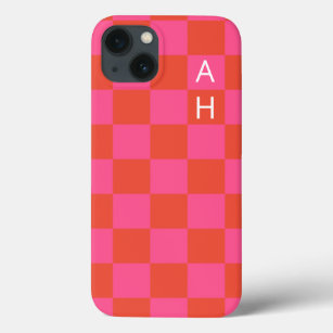 Monogrammed Pink and Orange Checkerboard Pattern  iPhone 13 Case