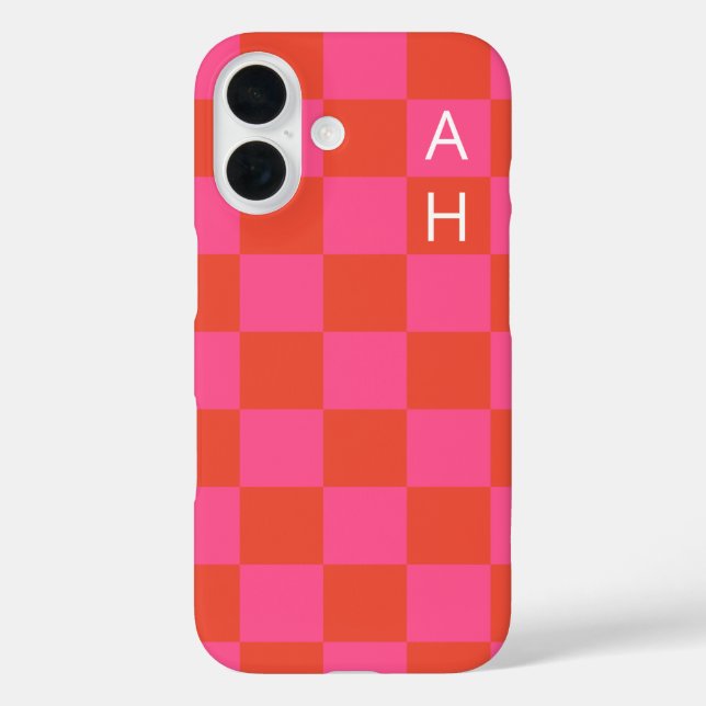 Monogrammed Pink and Orange Checkerboard Pattern  Case-Mate iPhone Case (Back)