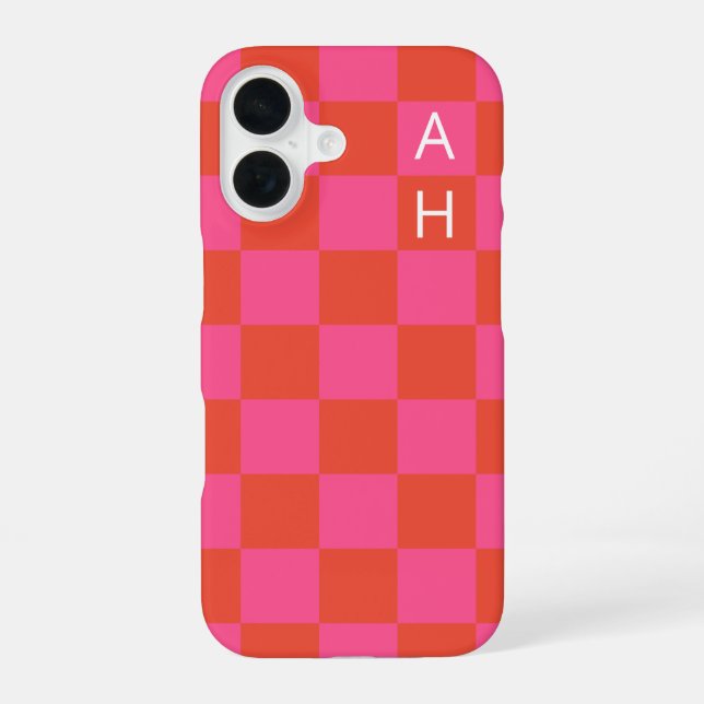 Monogrammed Pink and Orange Checkerboard Pattern  Iphone Case (Back)