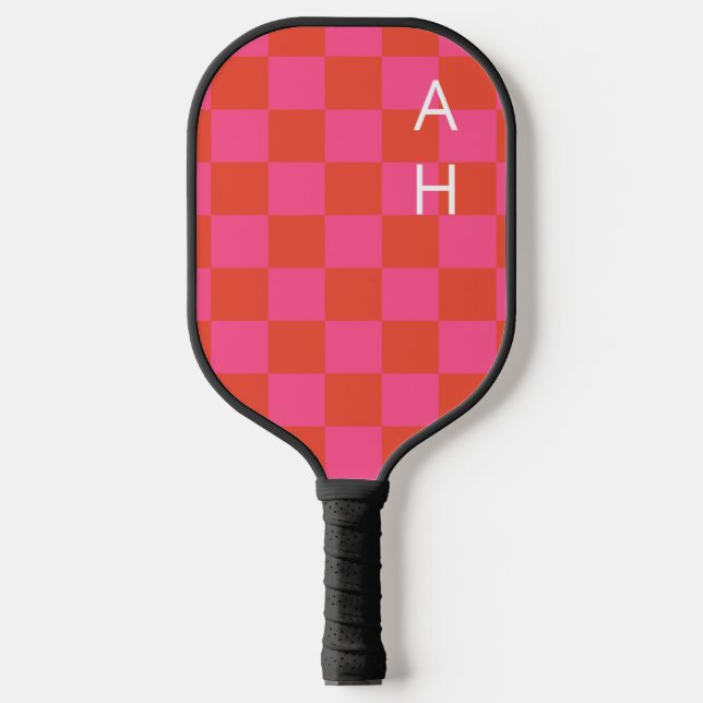 Monogrammed Pink and Orange Checkerboard Pattern  Pickleball Paddle (Front)