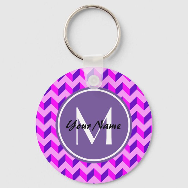 Monogrammed Pink and Purple Chevron Patchwork Keychain (Front)