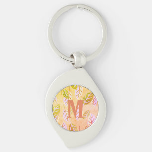 Monogrammed Pink and Sage Abstract Leafs Keychain
