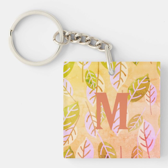 Monogrammed Pink and Sage Abstract Leafs Keychain (Front)