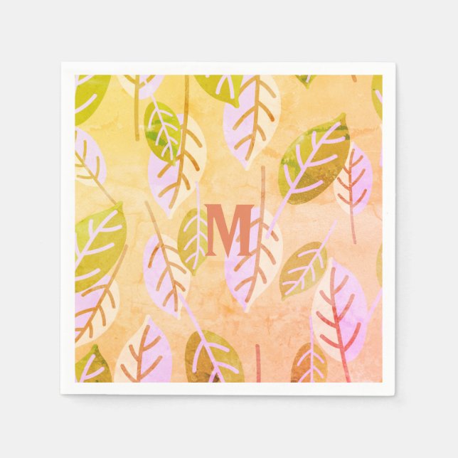 Monogrammed Pink and Sage Abstract Leafs Napkins (Front)