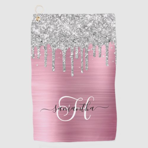 Monogrammed Pink and Silver Dripping Glitter Golf Towel