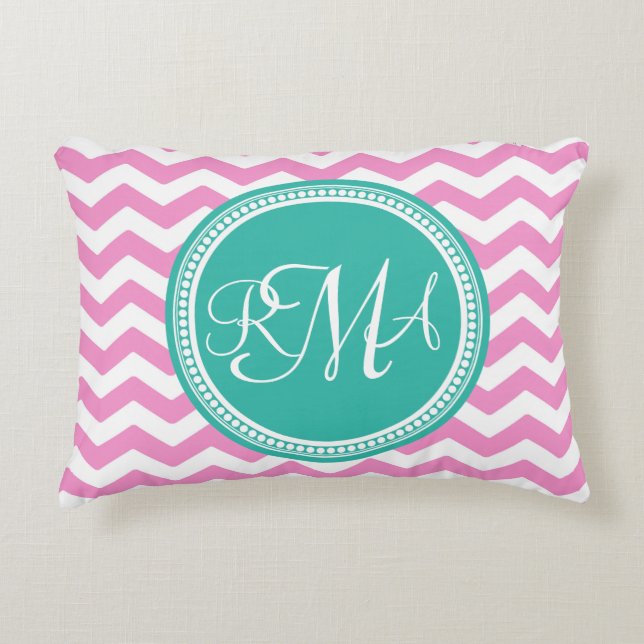 Monogrammed Pink and Teal Chevron Custom Accent Pillow (Front)