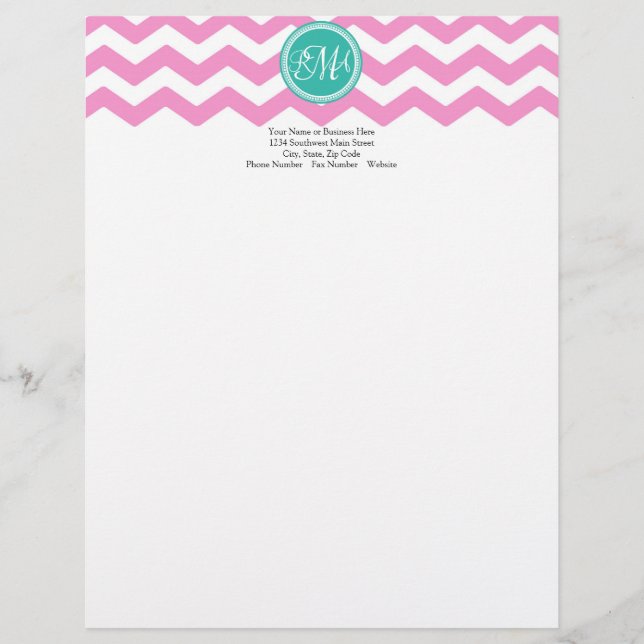 Monogrammed Pink and Teal Chevron Custom Letterhead (Front)