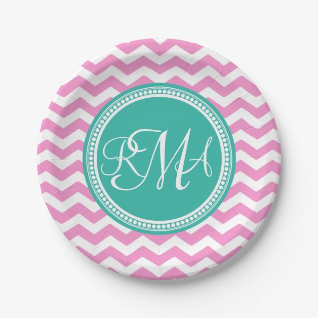 Monogrammed Pink and Teal Chevron Custom Paper Plates (Front)