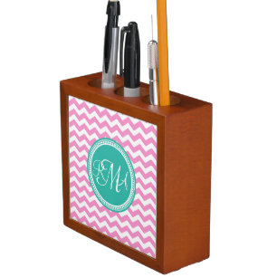 Monogrammed Pink and Teal Chevron Custom Pencil Holder