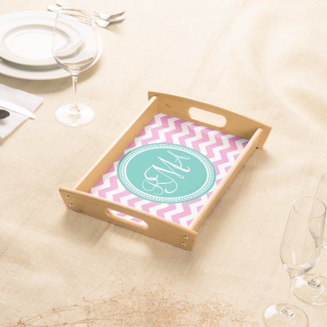 Monogrammed Pink and Teal Chevron Custom Serving Tray (Front)