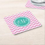 Monogrammed Pink and Teal Chevron Custom Square Paper Coaster