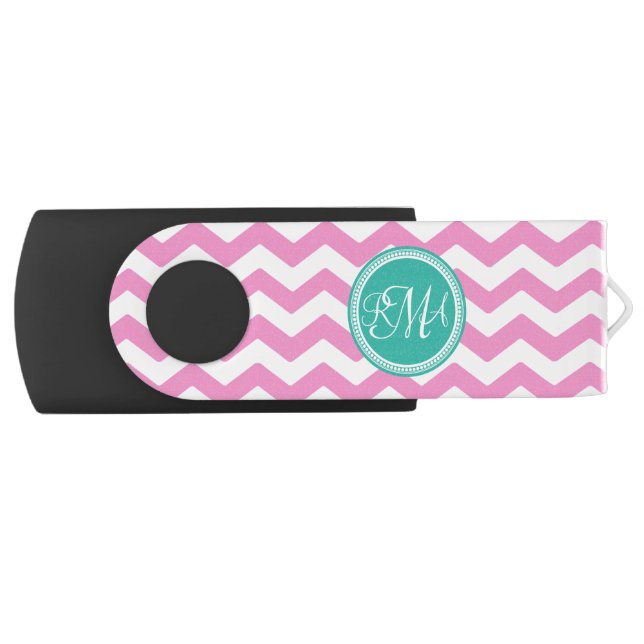 Monogrammed Pink and Teal Chevron Custom USB Flash Drive (Front)