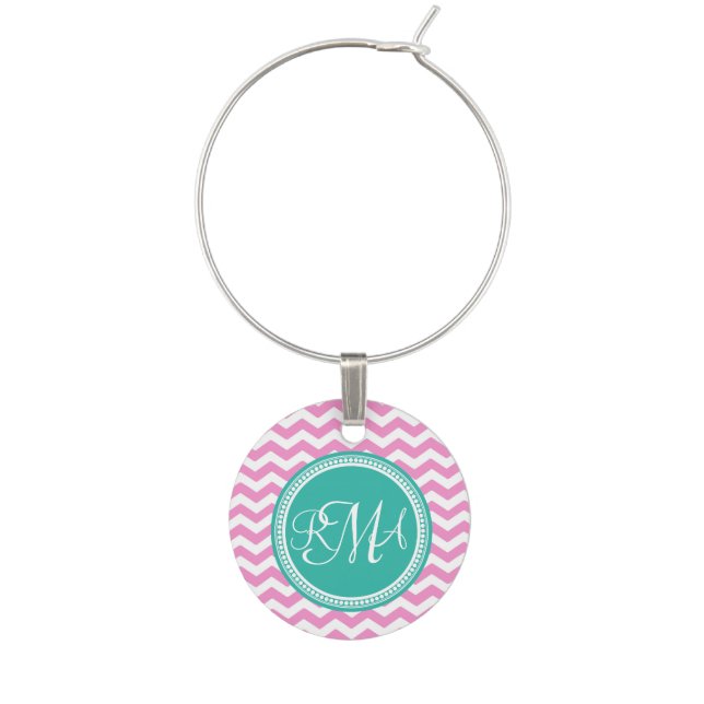 Monogrammed Pink and Teal Chevron Custom Wine Glass Charm (Front)