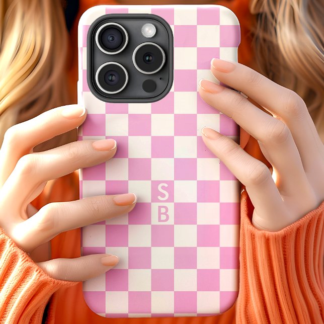 Monogrammed Pink And White Checkerboard Pattern Case-Mate iPhone Case (Creator Uploaded)