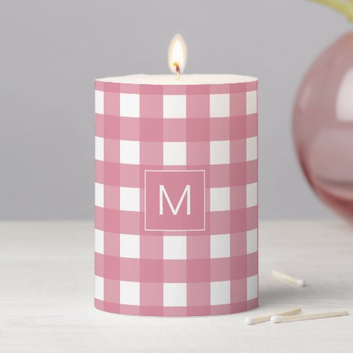 Monogrammed Pink and White Gingham Plaid Pattern  Pillar Candle