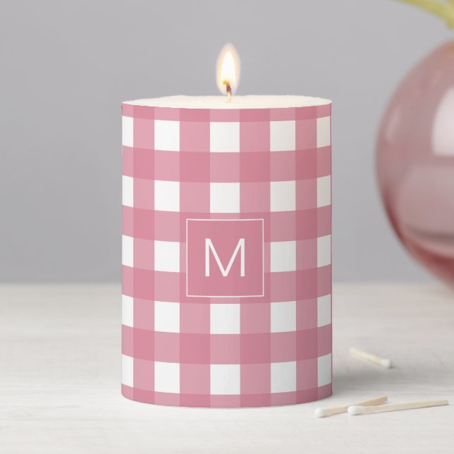 Monogrammed Pink and White Gingham Plaid Pattern  Pillar Candle (In Situ)