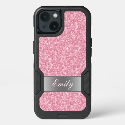 Monogrammed Pink And White Sparkling Glitter iPhone 13 Case