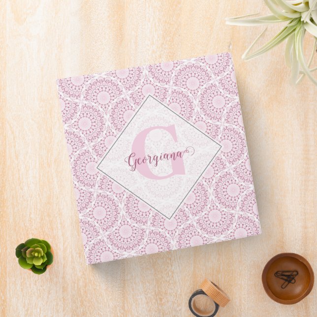 Monogrammed Pink Art Deco Confetti Lace Mandala 3 Ring Binder (In Situ)