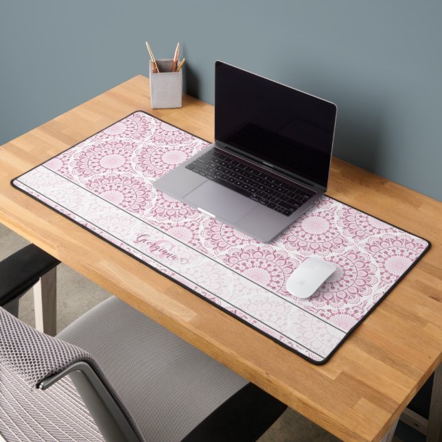 Monogrammed Pink Art Deco Confetti Lace Mandala Desk Mat (Office 2)