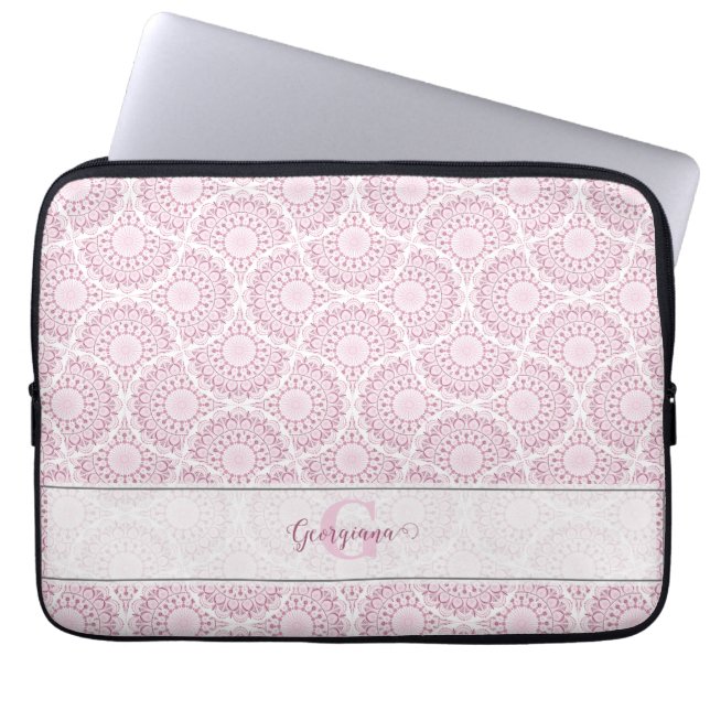 Monogrammed Pink Art Deco Confetti Lace Mandala Laptop Sleeve (Front)