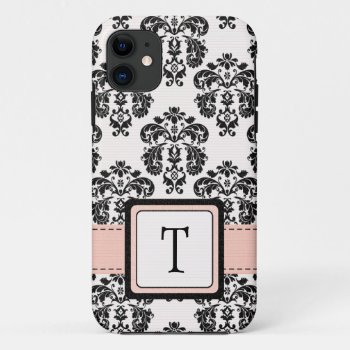 Monogrammed Pink Black Damask Iphone 11 Case by cutecases at Zazzle
