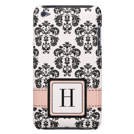 Monogrammed Pink Black Damask Ipod Touch 4 Case-ma Barely There Ipod C