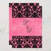 Monogrammed Pink, Black Damask Wedding Invitation (Front/Back)