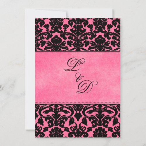 Monogrammed Pink, Black Damask Wedding Invitation
