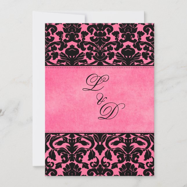 Monogrammed Pink, Black Damask Wedding Invitation (Front)