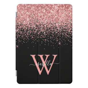 Monogrammed Pink Black Glitter Elegant Script iPad Pro Cover